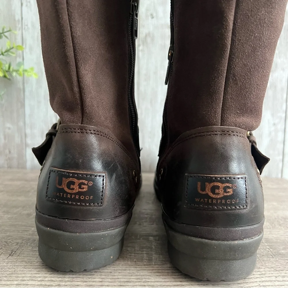 UGG Thomsen Dark Brown Tall Boots with Buckle Leather Waterproof Womens 9.5